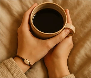 Hands holding a cup with handmade bracelet