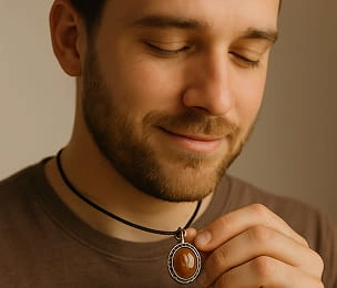 Man wearing handmade necklace